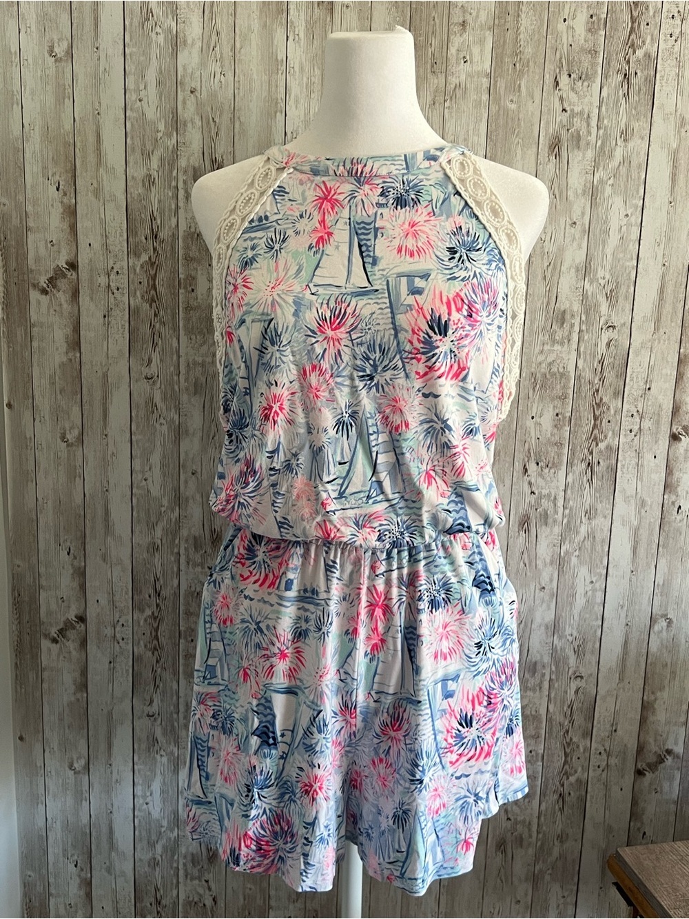 Lilly Pulitzer Lala Romper Sea to Shining Sea Fireworks Sailboat Americana Small